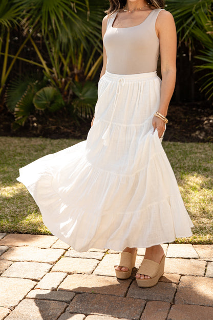 Breezy Beloved Off White Tiered Maxi Skirt