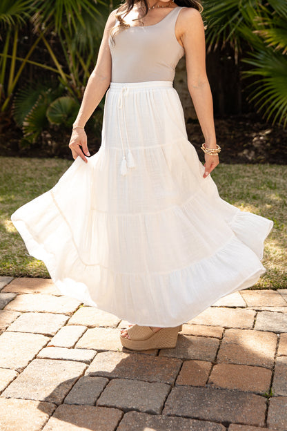 Breezy Beloved Off White Tiered Maxi Skirt