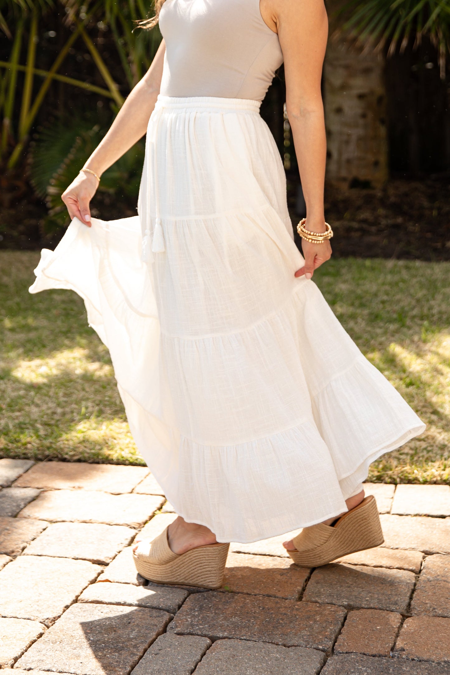 Breezy Beloved Off White Tiered Maxi Skirt
