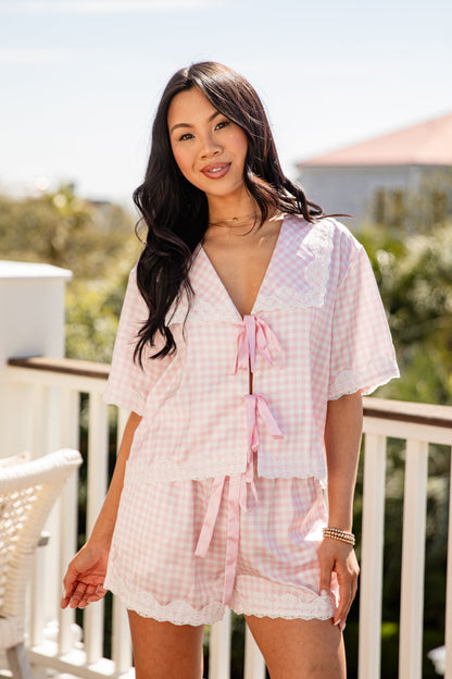 Cozy Girl Gingham Tie-Front Pajama Top