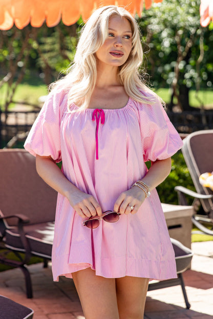 All The Charm Pink Stripe Puff Sleeve Mini Dress