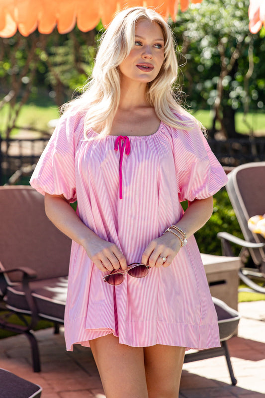 All The Charm Pink Stripe Puff Sleeve Mini Dress