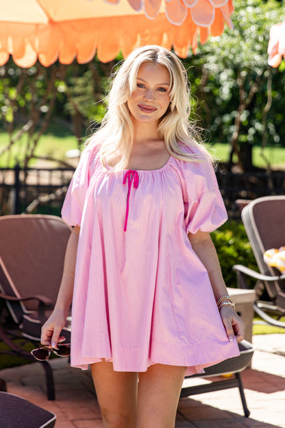 All The Charm Pink Stripe Puff Sleeve Mini Dress
