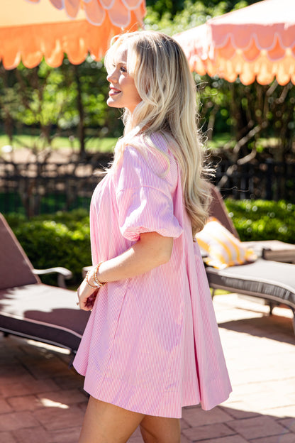 All The Charm Pink Stripe Puff Sleeve Mini Dress