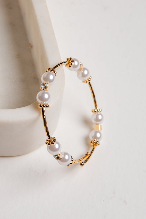 Cora White Pearl + Rhinestone Bangle Bracelet