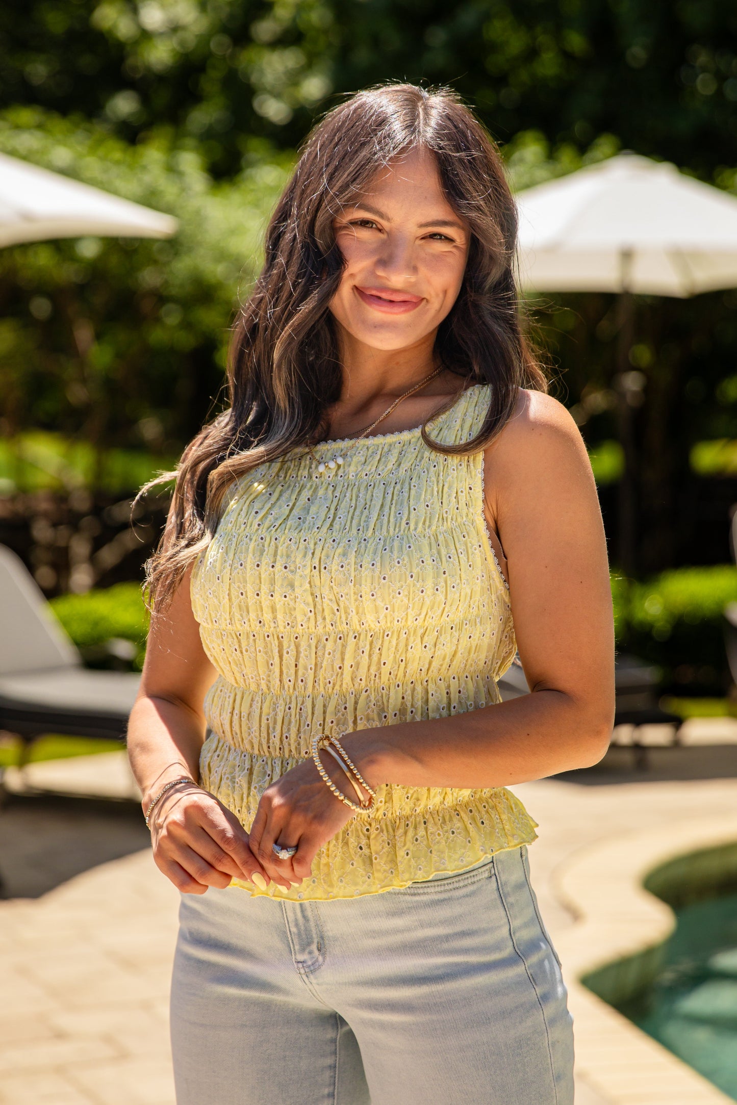Blooming Confidence Eyelet Yellow Tank Top