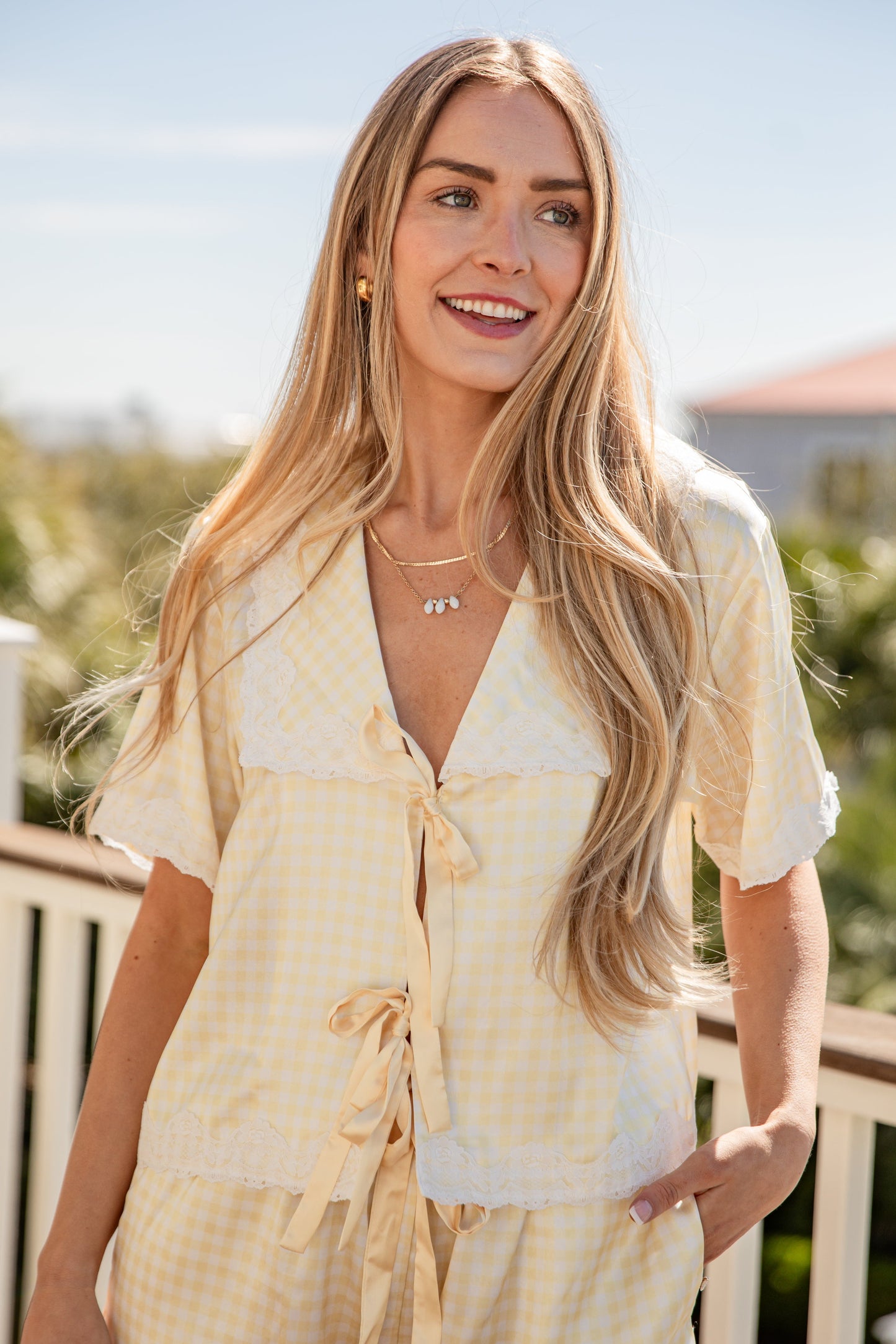 Cozy Girl Gingham Tie-Front Pajama Top