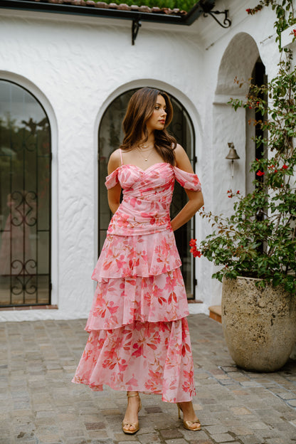Jenna Drop Shoulder Pink Floral Maxi Dress