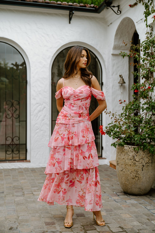 Jenna Drop Shoulder Pink Floral Maxi Dress